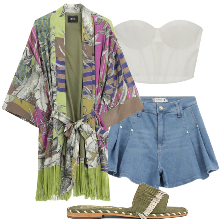 Outfit donna - Vorrei il mare. Stile Boho per Serata fuori. Abbinamento con top, shorts, blazer, ciabatte.