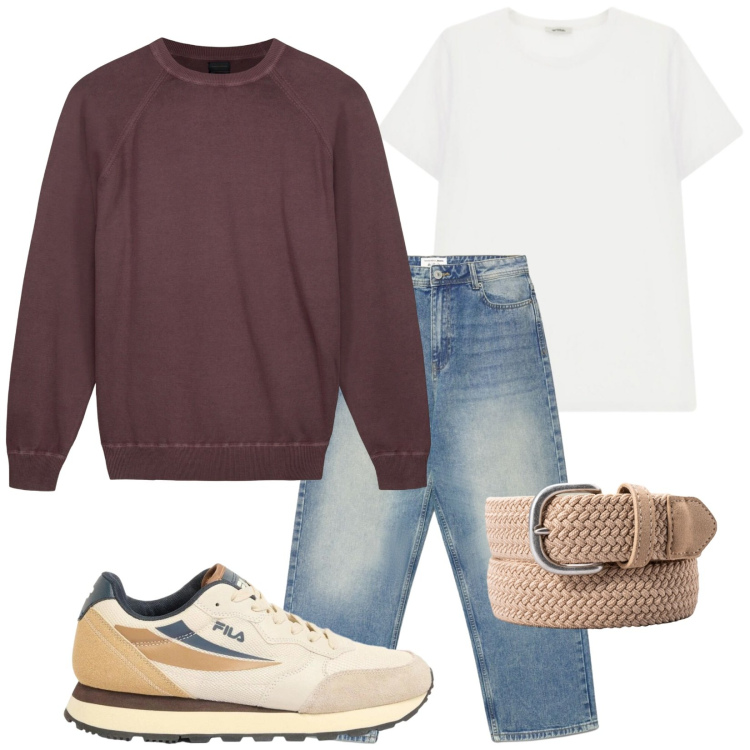 Outfit uomo - Total look #2409275. Stile Casual per Tutti i giorni. Abbinamento con sneakers, jeans dritti, t-shirt, maglieria, cinture.