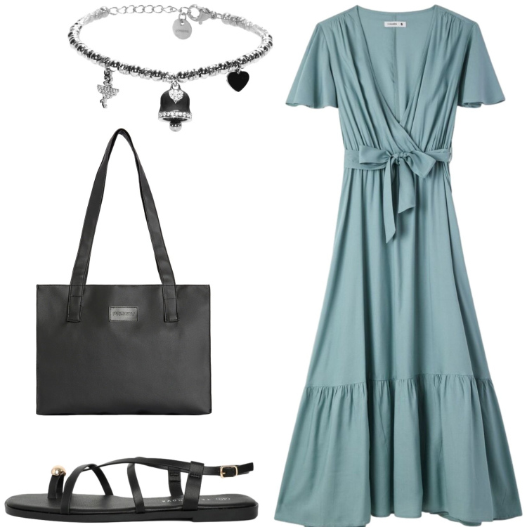 Outfit donna - Total look #2409282. Stile Casual chic per Tutti i giorni. Abbinamento con vestiti lunghi, sandali, shopping bag, braccialetti.