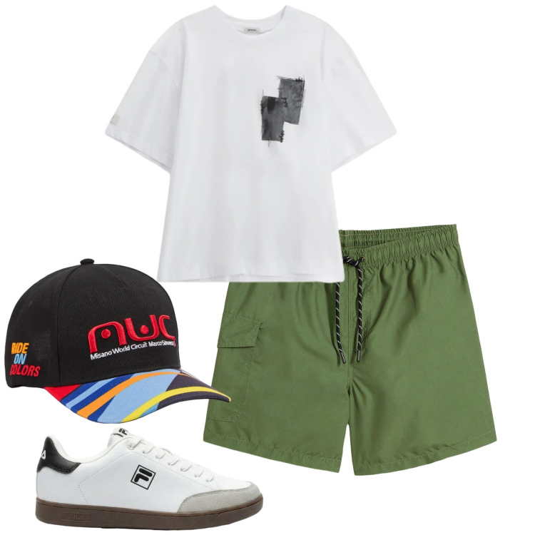 Outfit uomo - Total look #2409284. Stile Casual per Sport. Abbinamento con pantaloni corti, sneakers, cappelli con visiera, t-shirt.