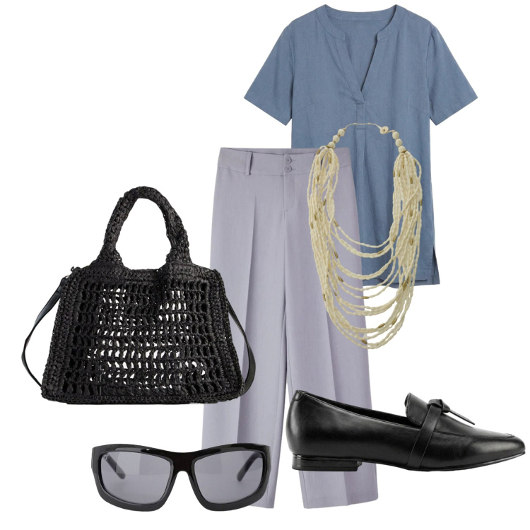 Outfit donna - Total look #2409287. Stile Casual per Ufficio. Abbinamento con tuniche, borse a tracolla, mocassini, pantaloni, collane, occhiali da sole.