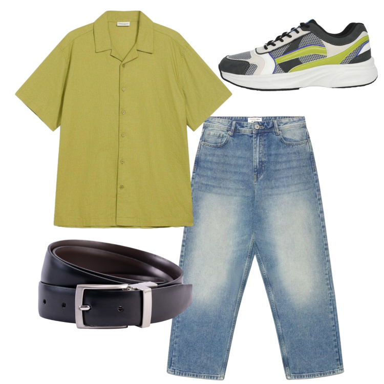Outfit uomo - Total look. Stile Casual per Tutti i giorni. Abbinamento con camicie a manica corta, sneakers, jeans dritti, cinture.