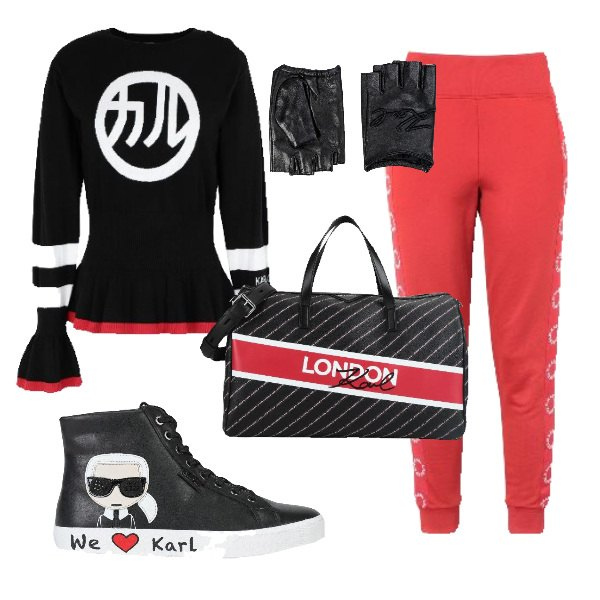 Outfit donna - A tutto Karl. Stile Urban per Sport. Abbinamento con pantaloni, sneakers alte, pullover senza tasche lavorato a maglia collo tondo a maniche lunghe tinta unita, borsone con stampa doppio manico interno foderato in pelle con tracolla removibile, guanti con ricamo interno foderato in pelle tinta unita.