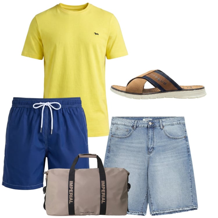 Outfit uomo - Weekend. Stile Casual per Tutti i giorni. Abbinamento con sandali, borse sportive, bermuda, t-shirt, costumi.