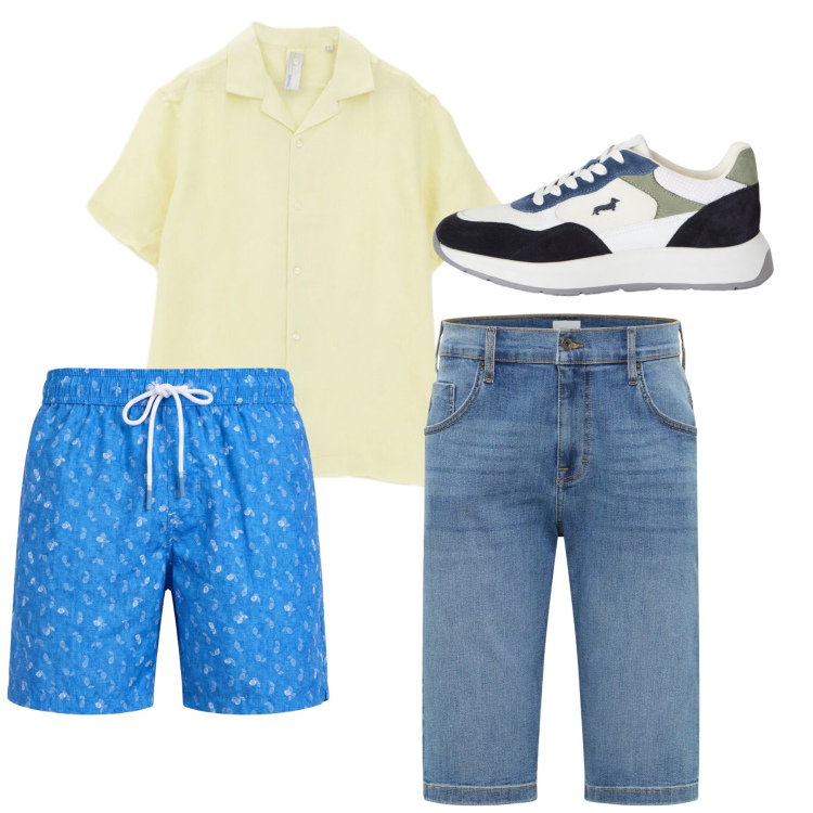 Outfit uomo - Total look. Stile Casual per Tutti i giorni. Abbinamento con bermuda, sneakers, costumi, camicie a manica corta.