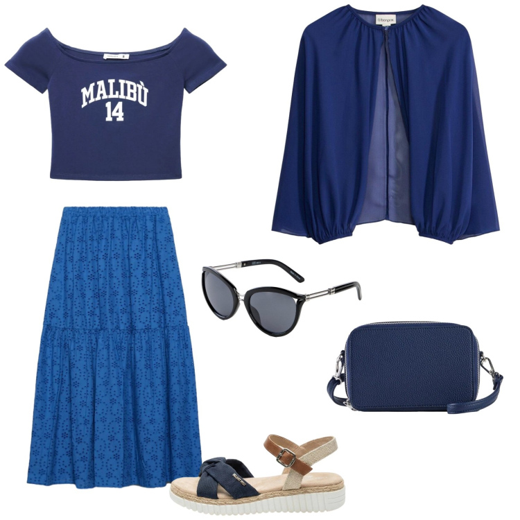 Outfit donna - Pretty blue. Abbinamento con borse a tracolla, bolero, occhiali da sole, sandali, t-shirt, gonne lunghe.