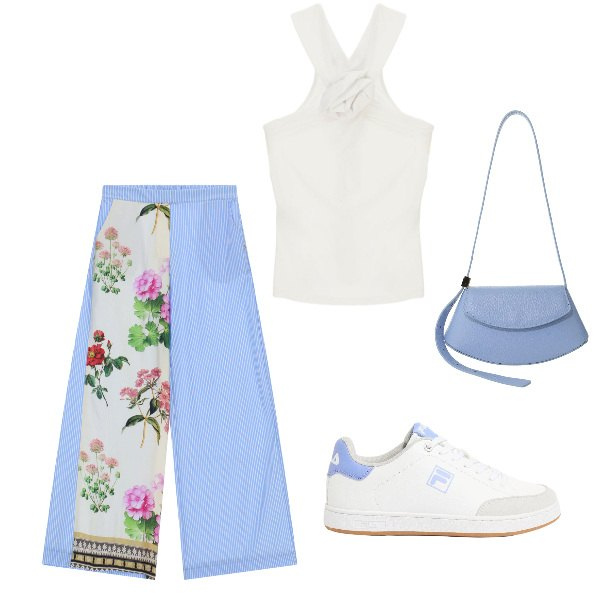 Outfit donna - Look casual chic estivo. Stile Casual chic per Tutti i giorni. Abbinamento con sneakers, canottiere, borse a spalla, pantaloni a palazzo.