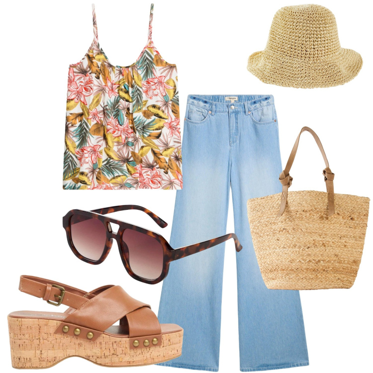 Outfit donna - Endless Summer. Stile Casual chic per Tutti i giorni. Abbinamento con jeans, canottiere, zeppe, occhiali da sole, shopping bag, cappelli.