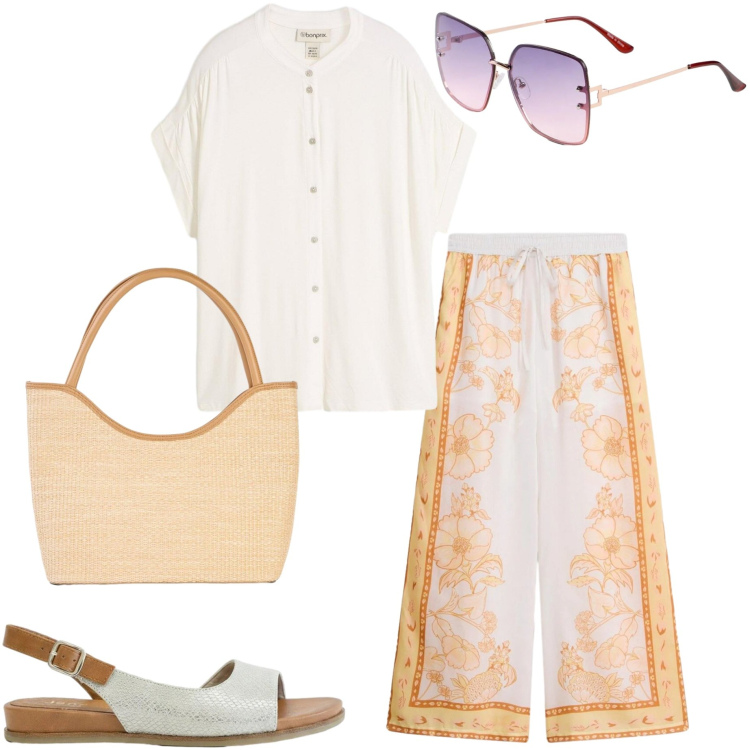 Outfit donna - Endless Summer. Stile Casual chic per Serata fuori. Abbinamento con camicie a manica corta, sandali, pantaloni a palazzo, shopping bag, occhiali da sole.