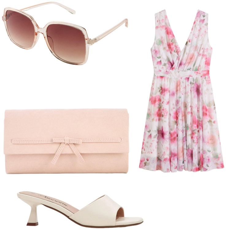 Outfit donna - L\'estate chic Bon Prix.. Stile Romantica per Tutti i giorni. Abbinamento con vestiti, ciabatte, occhiali da sole, pochette.