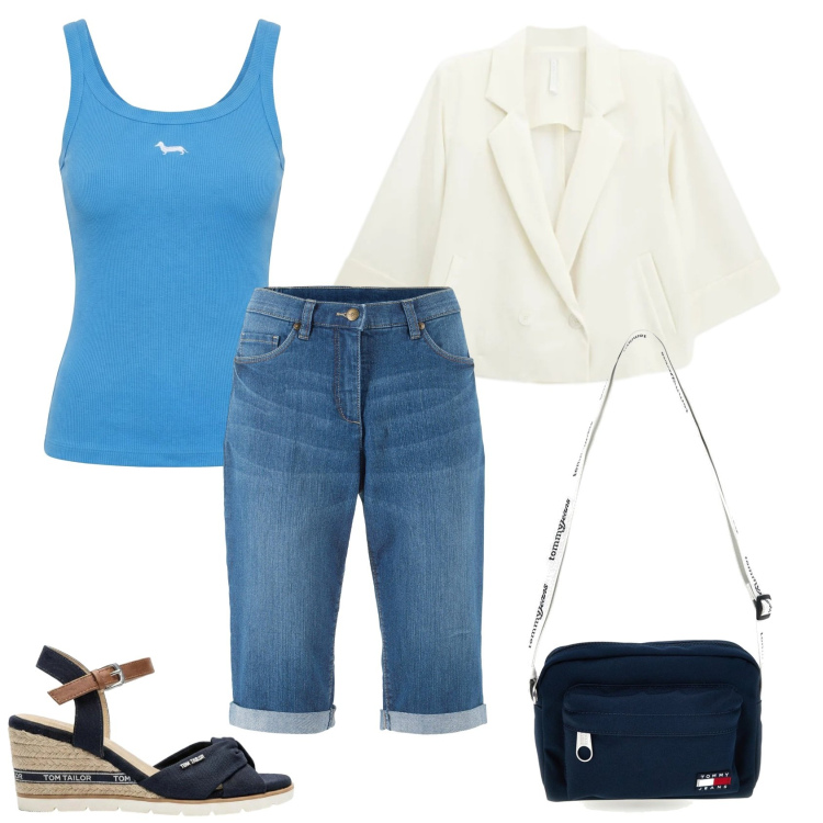 Outfit donna - Total look #2409329. Stile Casual chic per Ufficio. Abbinamento con bermuda, sandali col tacco, blazer, canottiere, borse a tracolla.