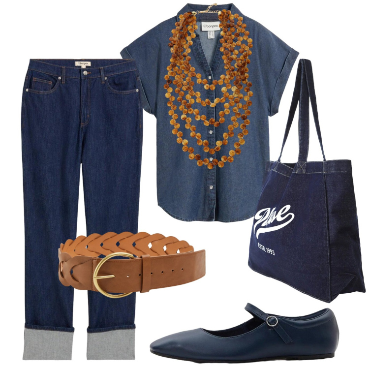 Outfit donna - Stile denim. Stile Trendy per Tutti i giorni. Abbinamento con jeans dritti, camicie a manica corta, ballerine, cinture, collane, shopping bag.