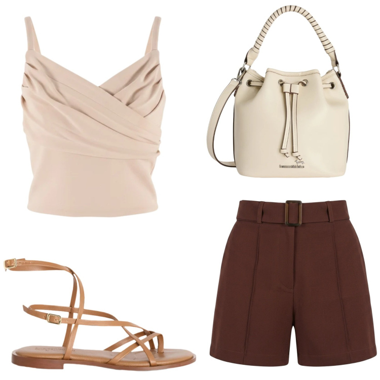 Outfit donna - Summer style in città. Stile Chic per Tutti i giorni. Abbinamento con shorts, canottiere, sandali in pelle, borse a secchiello.