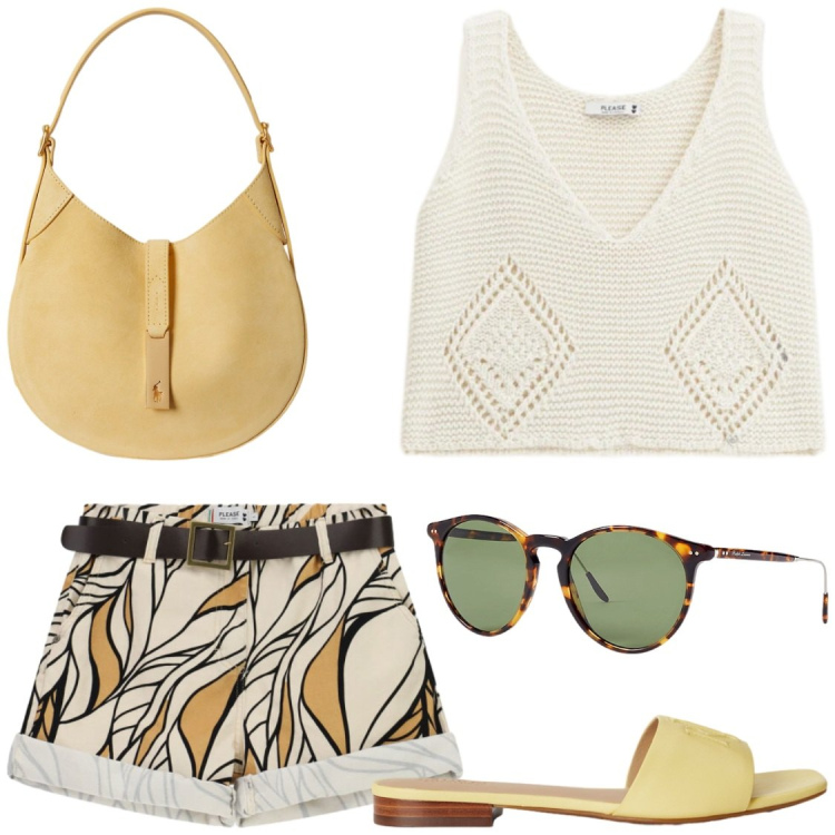 Outfit donna - Relax. Stile Chic per Tutti i giorni. Abbinamento con top, shorts, ciabatte, occhiali da sole, borse a spalla.
