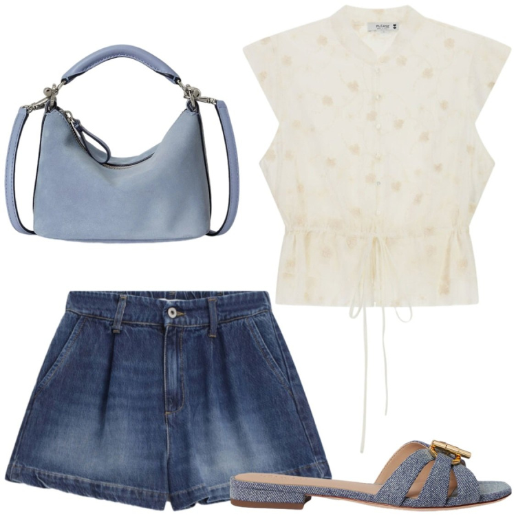 Outfit donna - Relax. Stile Chic per Tutti i giorni. Abbinamento con shorts, top, ciabatte, borse a spalla.