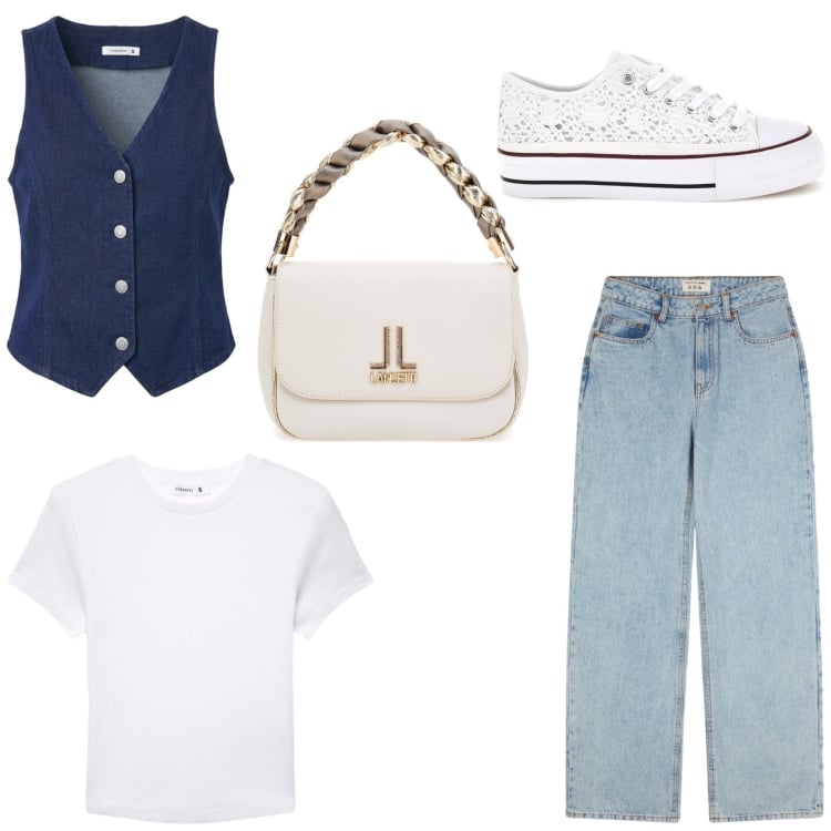 Outfit donna - Estate in città. Stile Trendy per Tutti i giorni. Abbinamento con gilet, jeans, t-shirt, sneakers, borse a tracolla.