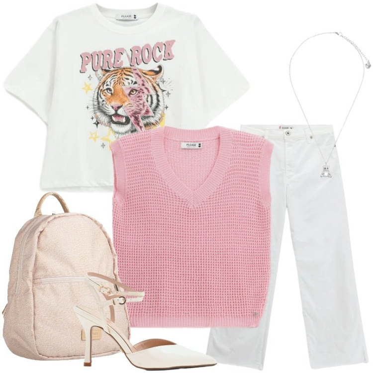 Outfit donna - Total look #2409340. Stile Casual chic per Tutti i giorni. Abbinamento con zaini, décolleté, jeans, top, t-shirt, ciondoli.