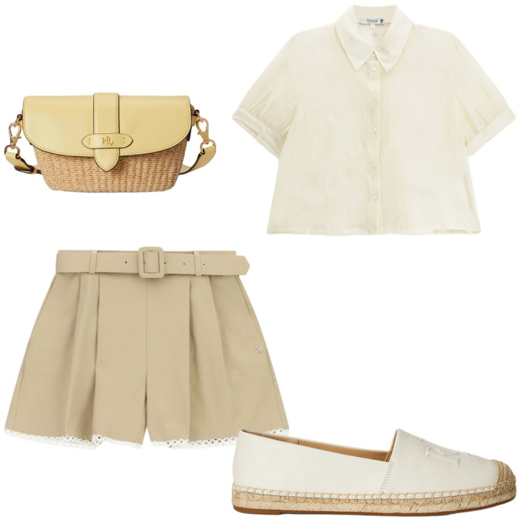 Outfit donna - Raffinata in pantaloncino. Stile Chic per Tutti i giorni. Abbinamento con camicie a manica corta, shorts, espadrillas, borse a tracolla.