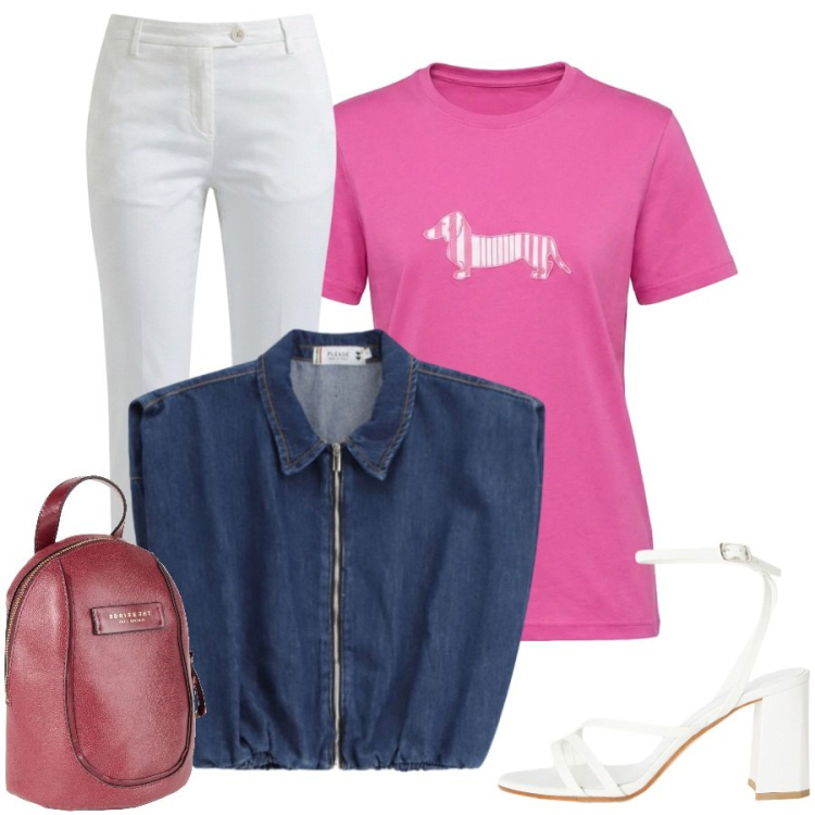 Outfit donna - Total look #2409342. Stile Casual chic per Tutti i giorni. Abbinamento con zaini, sandali in pelle, t-shirt, pantaloni, gilet.