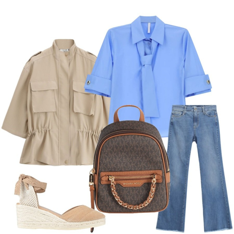 Outfit donna - Total look #2409343. Stile Casual chic per Ufficio. Abbinamento con espadrillas, zaini, camicie a manica corta, parka, jeans.