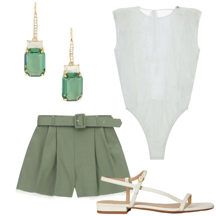 Outfit donna - Raffinata in shorts. Stile Chic per Serata fuori. Abbinamento con shorts, body, sandali in pelle, orecchini.
