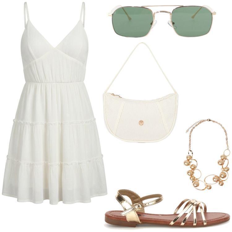Outfit donna - Boho chic in città. Stile Boho per Tutti i giorni. Abbinamento con vestiti corti, borse a mano, occhiali da sole, collane, sandali.