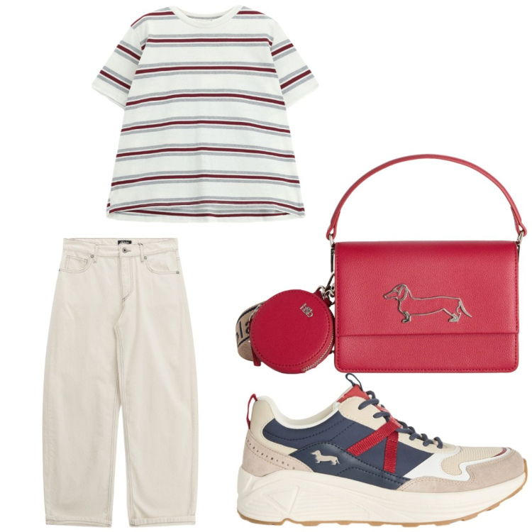 Outfit donna - Denim chiaro. Stile Basic per Tutti i giorni. Abbinamento con sneakers, borse a tracolla, pantaloni, t-shirt.