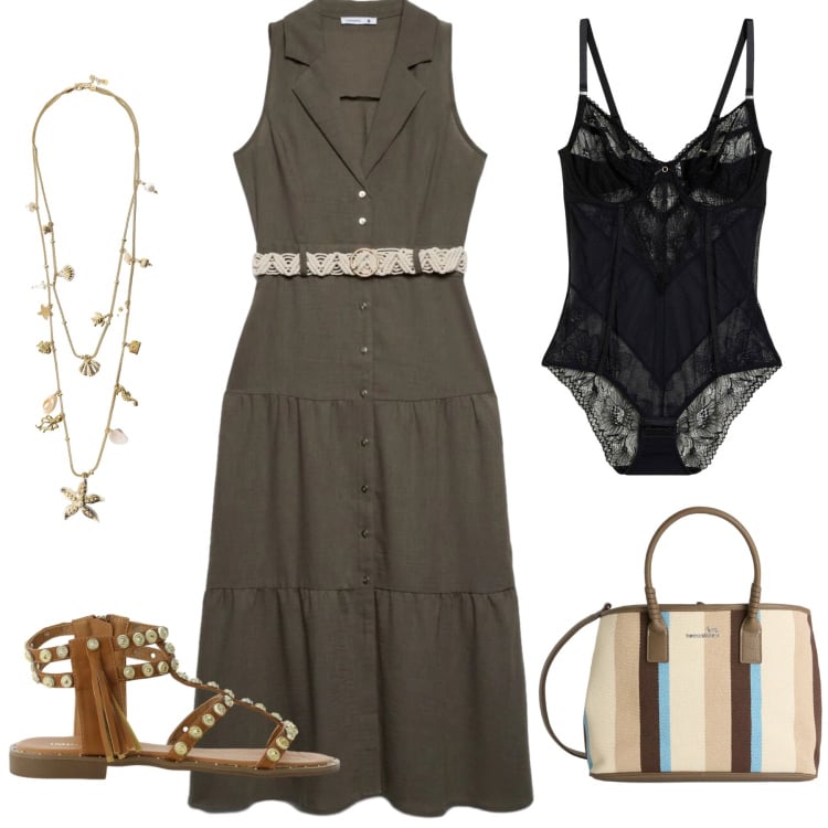 Outfit donna - Total look #2409350. Stile Basic per Tutti i giorni. Abbinamento con body, vestiti chemisier, collane, sandali, shopping bag.