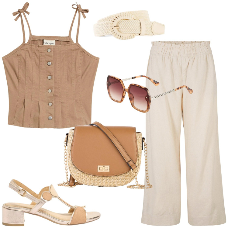 Outfit donna - Coloniale. Stile Sporty chic per Tutti i giorni. Abbinamento con pantaloni culotte, borse a tracolla, sandali col tacco, top, occhiali da sole, cinture.
