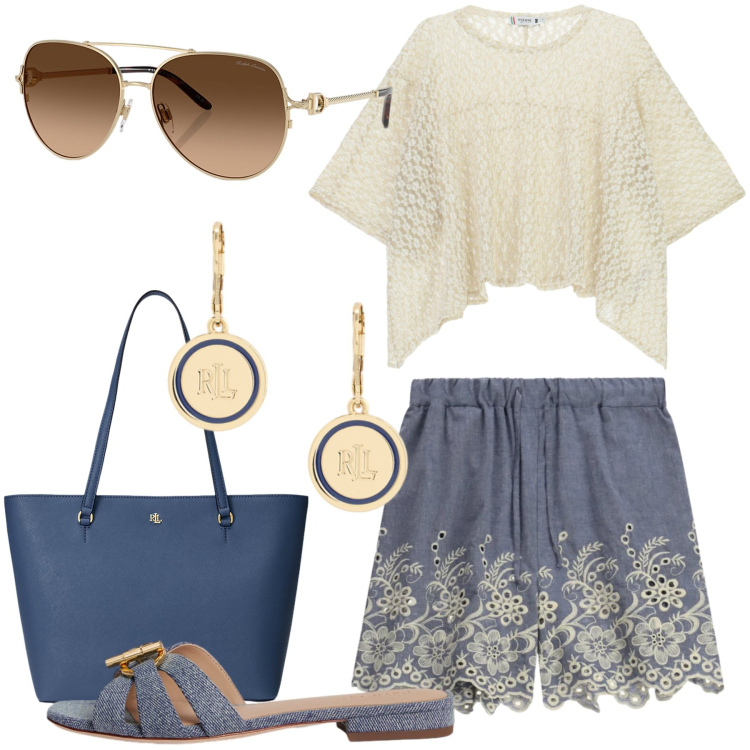 Outfit donna - Please - Slow Pleasure. Stile Romantica per Tutti i giorni. Abbinamento con top, shorts, occhiali da sole, ciabatte, borse tote, orecchini.