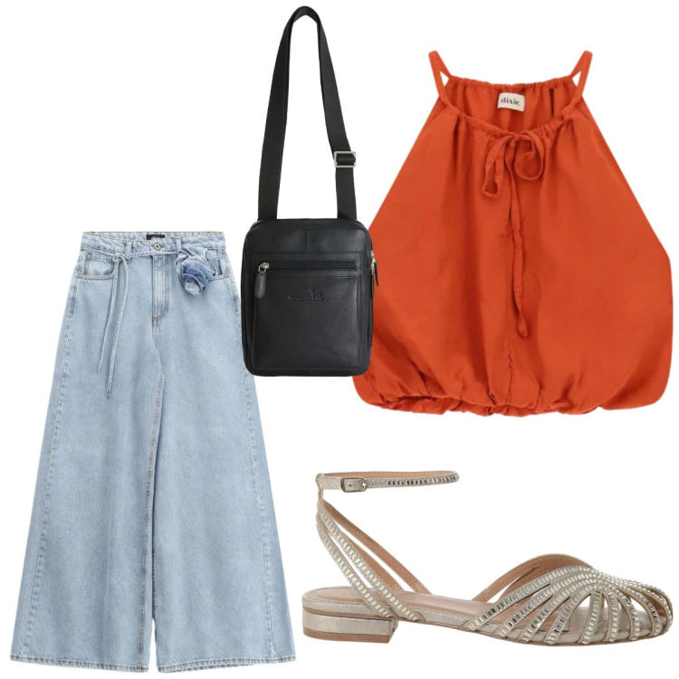 Outfit donna - Terracotta. Stile Casual chic per Serata fuori. Abbinamento con borse a tracolla, top, jeans, sandali.