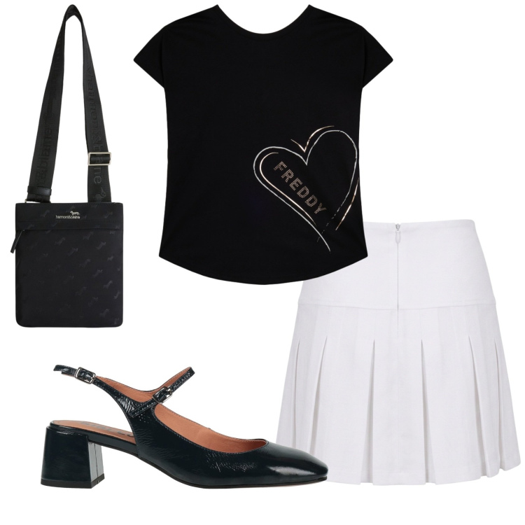 Outfit donna - Total look #2409372. Stile Bon Ton per Tutti i giorni. Abbinamento con décolleté, minigonne, borse a tracolla, t-shirt.