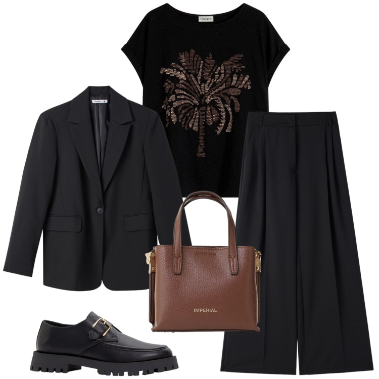 Outfit donna - Total look #2409375. Stile Urban per Ufficio. Abbinamento con mocassini, t-shirt, pantaloni, blazer, borse a tracolla.