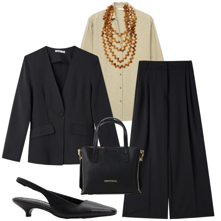 Outfit donna - Total look #2409376. Stile Chic per Ufficio. Abbinamento con décolleté, pantaloni, camicie, blazer, borse a tracolla, collane.
