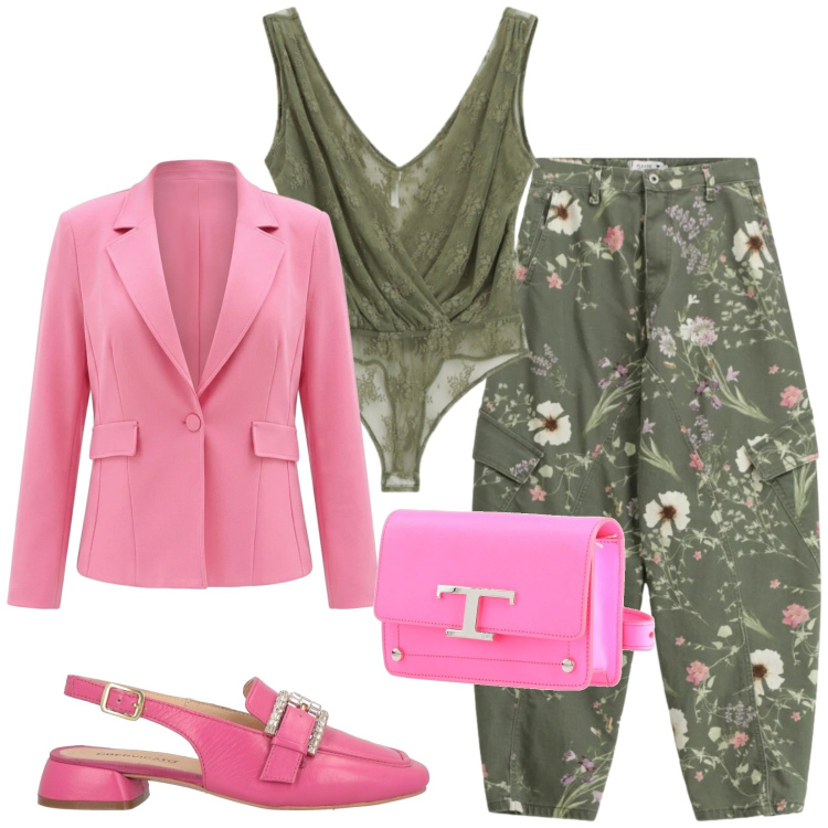 Outfit donna - Total look #2409379. Stile Trendy per Serata fuori. Abbinamento con marsupi, décolleté, top, blazer, pantaloni cargo.