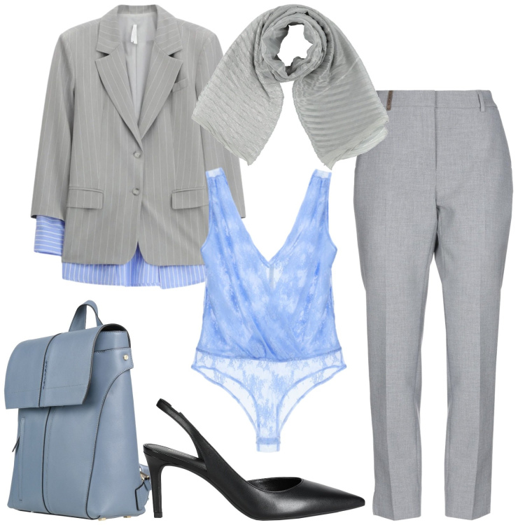 Outfit donna - Total look #2409382. Stile Chic per Ufficio. Abbinamento con pantaloni, sciarpe, décolleté, zaini, blazer, top.