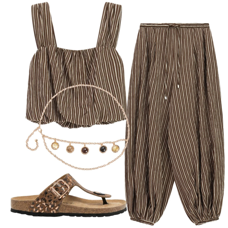 Outfit donna - Total look #2409388. Stile Etnico per Mare. Abbinamento con infradito, cinture, pantaloni a palazzo, top.