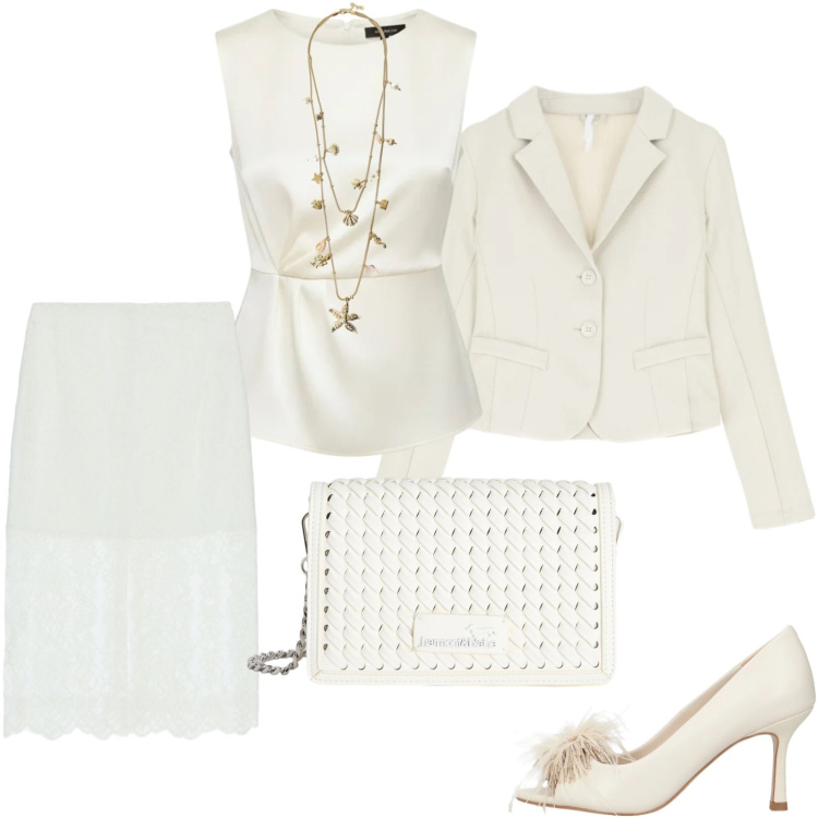 Outfit donna - #TotalWhite #ElegantOutfit #LaceSkirt. Stile Chic per Serata fuori. Abbinamento con décolleté, bluse, gonne longuette, collane, blazer, borse a tracolla.