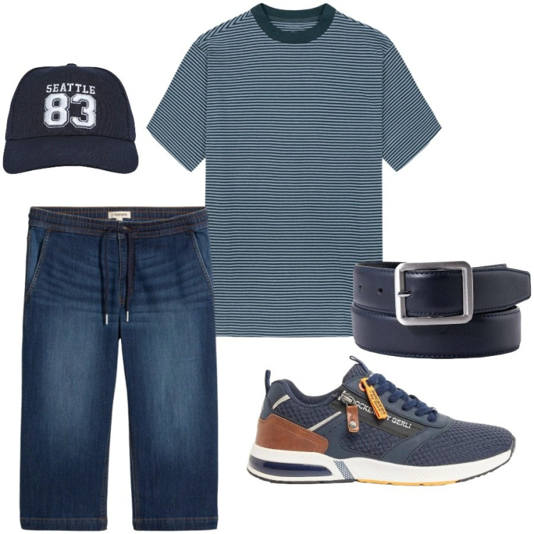 Outfit uomo - Total look #2409392. Stile Casual per Tutti i giorni. Abbinamento con sneakers, jeans, cappelli, t-shirt, cinture.