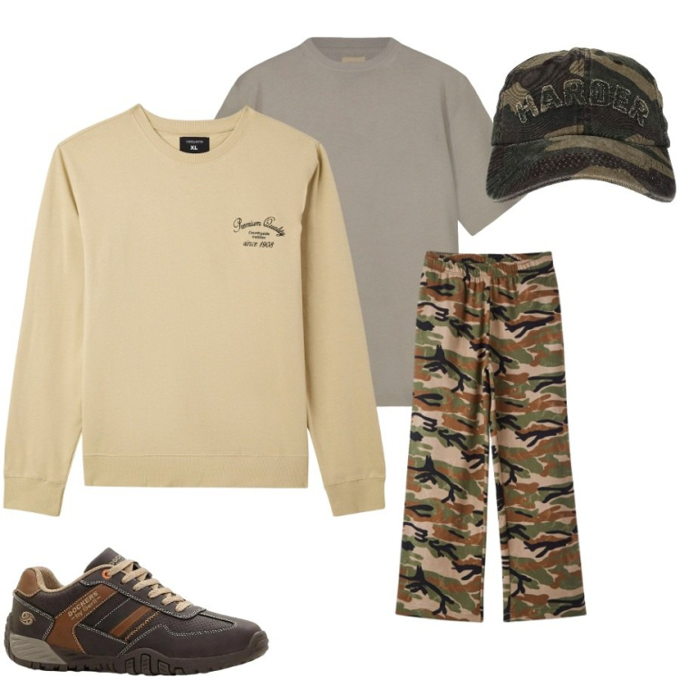 Outfit uomo - Total look #2409393. Stile Casual per Tutti i giorni. Abbinamento con sneakers, felpe, pantaloni, cappelli con visiera, t-shirt.