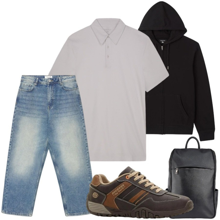 Outfit uomo - Total look #2409395. Stile Casual per Tutti i giorni. Abbinamento con sneakers, jeans dritti, felpe con cappuccio, borse sportive, polo.