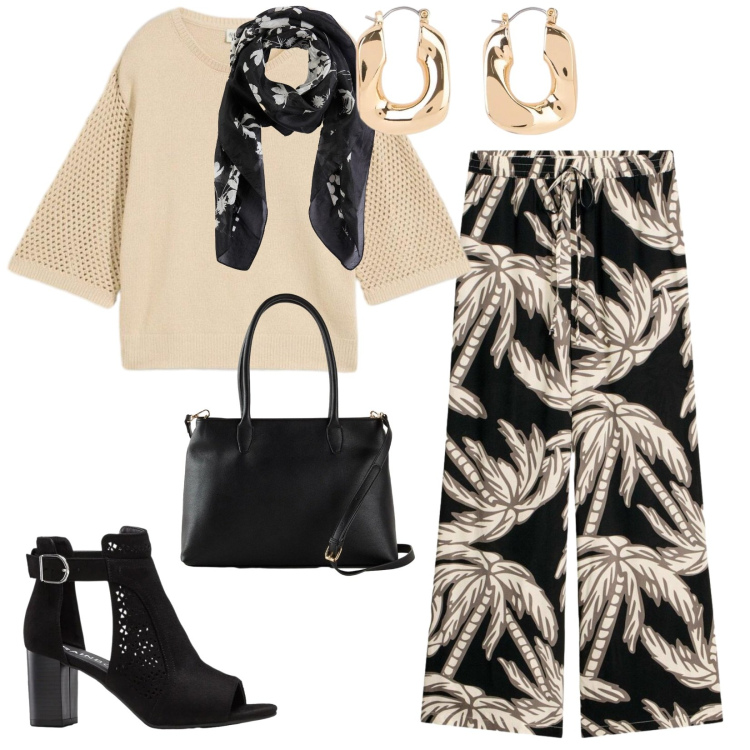 Outfit donna - Estate Bonprix. per Tutti i giorni. Abbinamento con orecchini, foulard, sandali col tacco, pantaloni, maglieria, borse a mano.