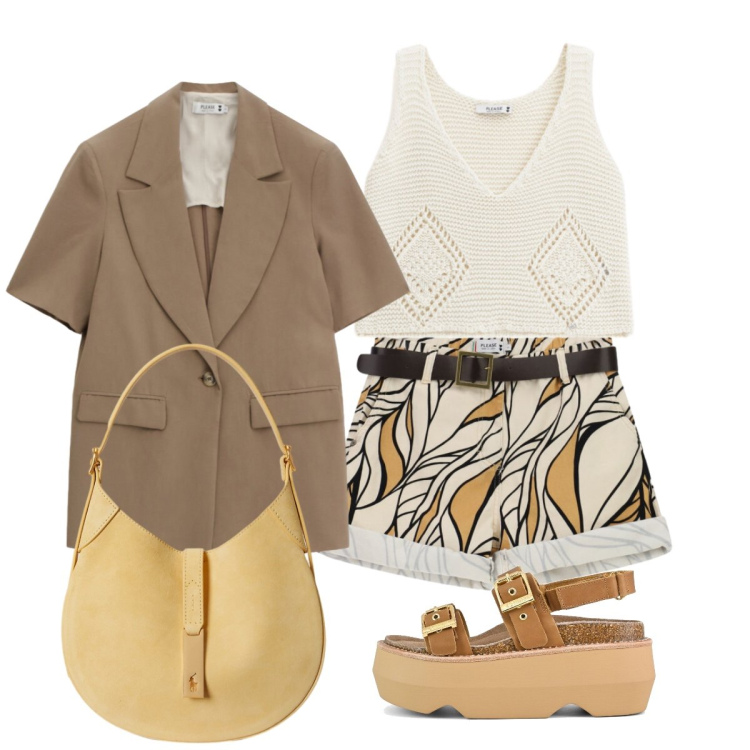 Outfit donna - In città con Please. Stile Preppy per Serata fuori. Abbinamento con shorts, top, blazer, borse a spalla, sandali col tacco.