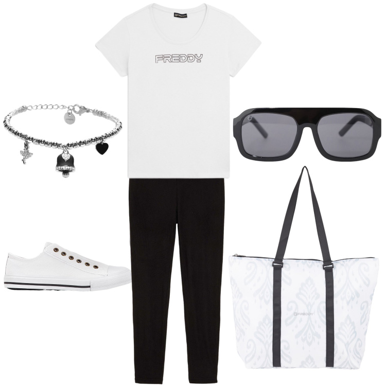 Outfit donna - Bianco neto. Stile Casual per Tutti i giorni. Abbinamento con sneakers, leggings, occhiali da sole, shopping bag, braccialetti, t-shirt.