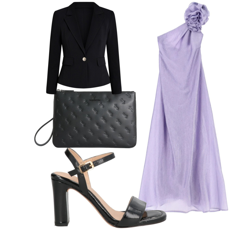 Outfit donna - Cerimonia in glicine. Stile Glamour per Cerimonia. Abbinamento con sandali in pelle, blazer, vestiti lunghi, anelli.