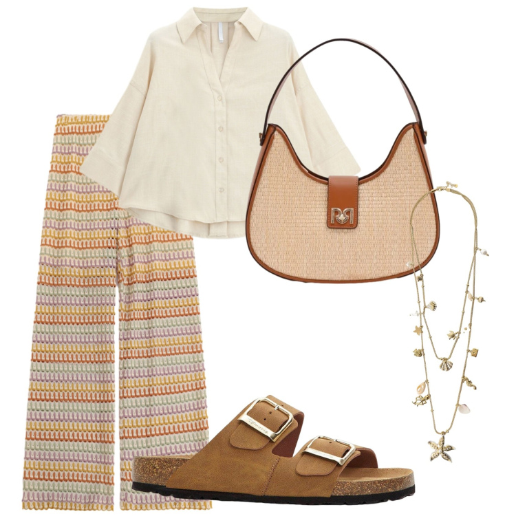 Outfit donna - Estate 2026. Stile Boho per Tutti i giorni. Abbinamento con ciabatte, borse a spalla, pantaloni a palazzo, camicie, collane.