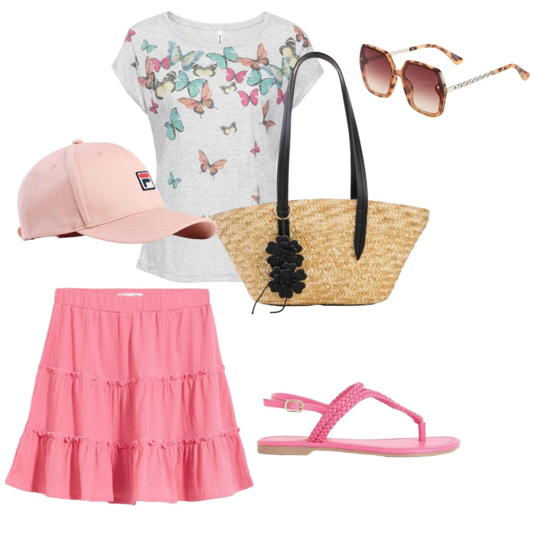 Outfit donna - Estate Bonprix. per Mare. Abbinamento con maglieria, occhiali da sole, sandali, minigonne, cappelli con visiera, shopping bag.