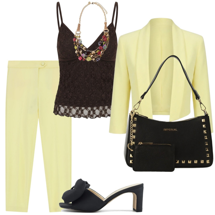 Outfit donna - #PastelColors #YellowSuit. Stile Casual chic per Serata fuori. Abbinamento con canottiere, bolero, pantaloni, borse a spalla, collane, sandali col tacco.