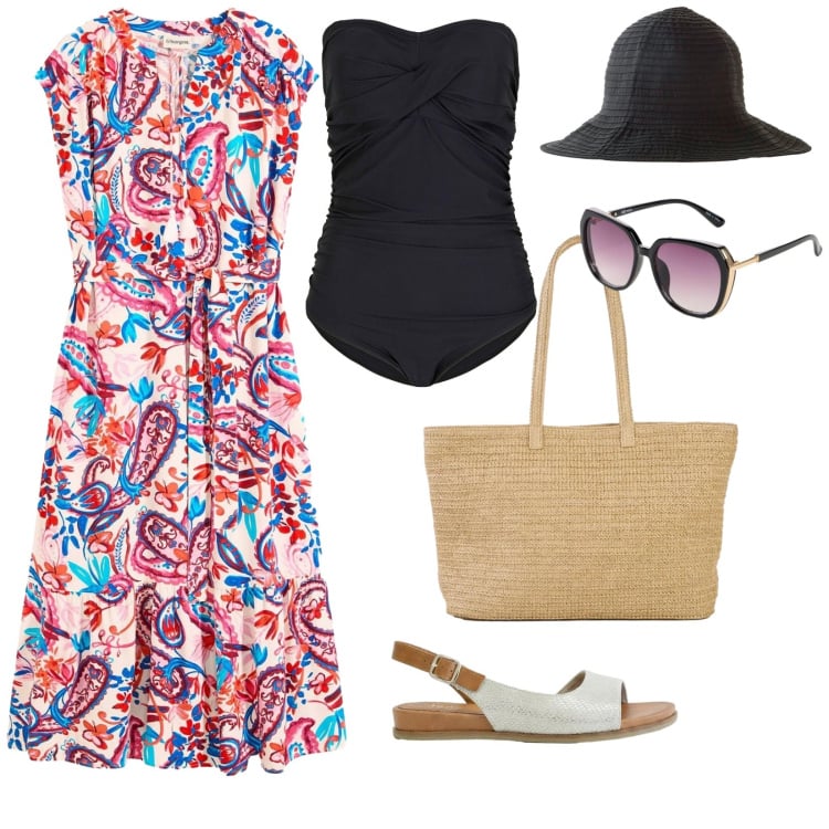 Outfit donna - Mare e aperitivo. per Mare. Abbinamento con vestiti chemisier, costumi interi, sandali, shopping bag, occhiali da sole, cappelli.