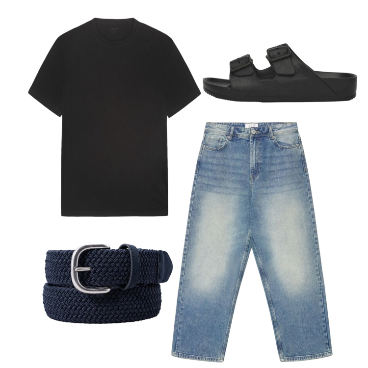 Outfit uomo - Total look. Stile Casual per Tutti i giorni. Abbinamento con jeans dritti, sandali, t-shirt, cinture.